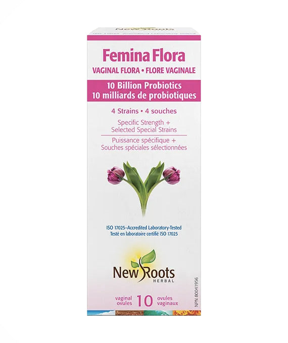 Femina Flora 10 milliards+ - Flore vaginale - Probiotiques suppositoires vaginaux - New Roots - 10 ovules vaginaux